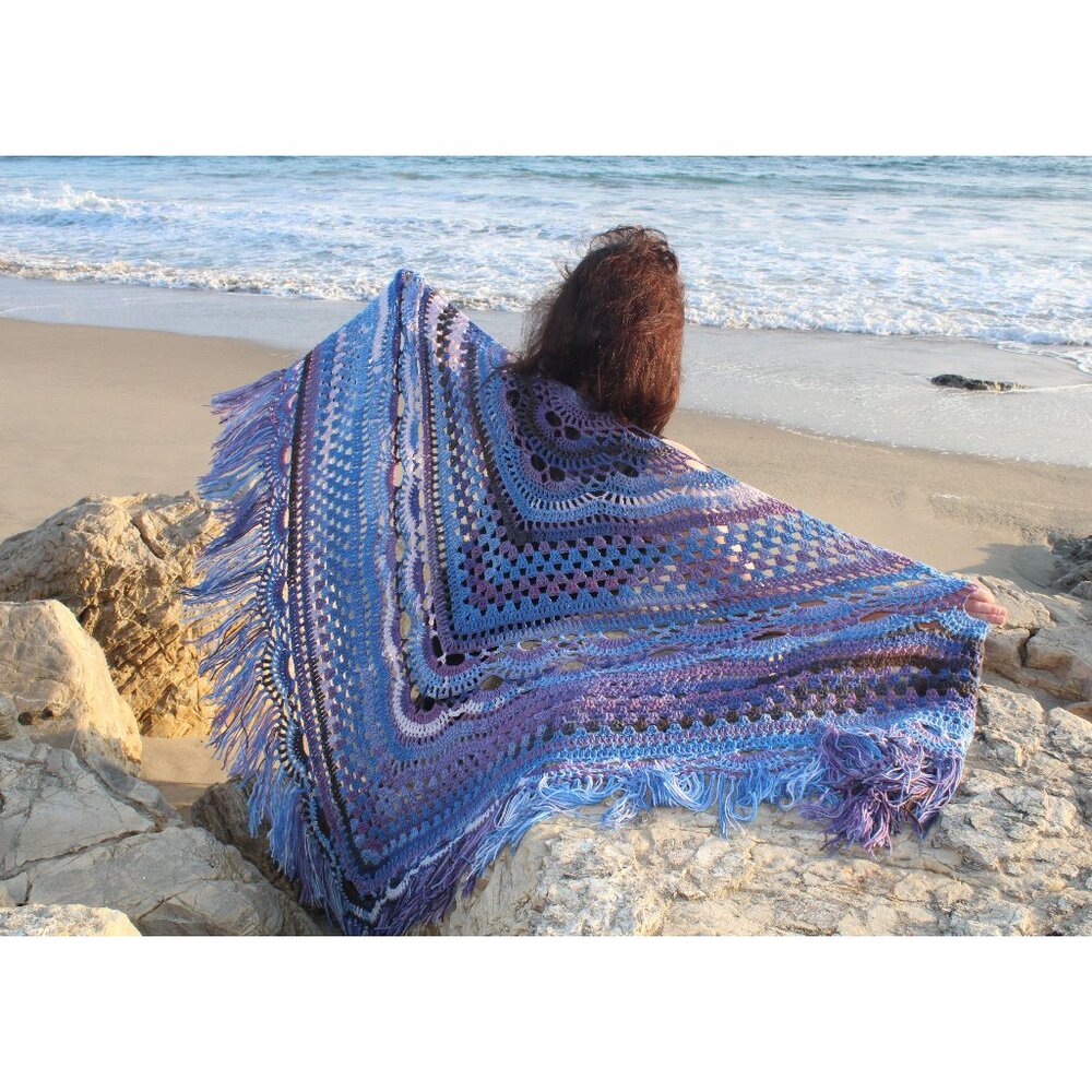 Handmade Oversized Crochet Shawl Wrap with Tassels Malibu Beach Boho Xanadu